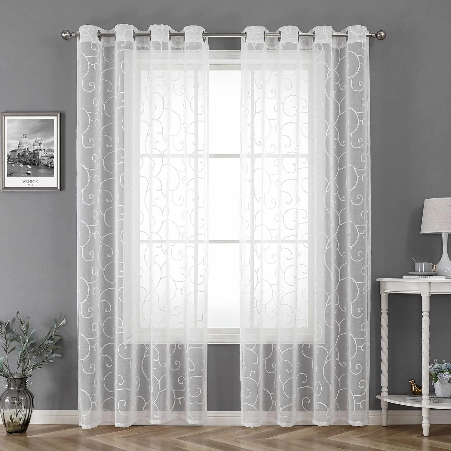 BGment White Sheer Curtains 84 inches Long for Living Room 2 Panels, Embroidered Vine Pattern Light Filtering Linen Textured Grommet Window Semi Sheer Voile Drapes, Each Panel 52 x 84 Inch