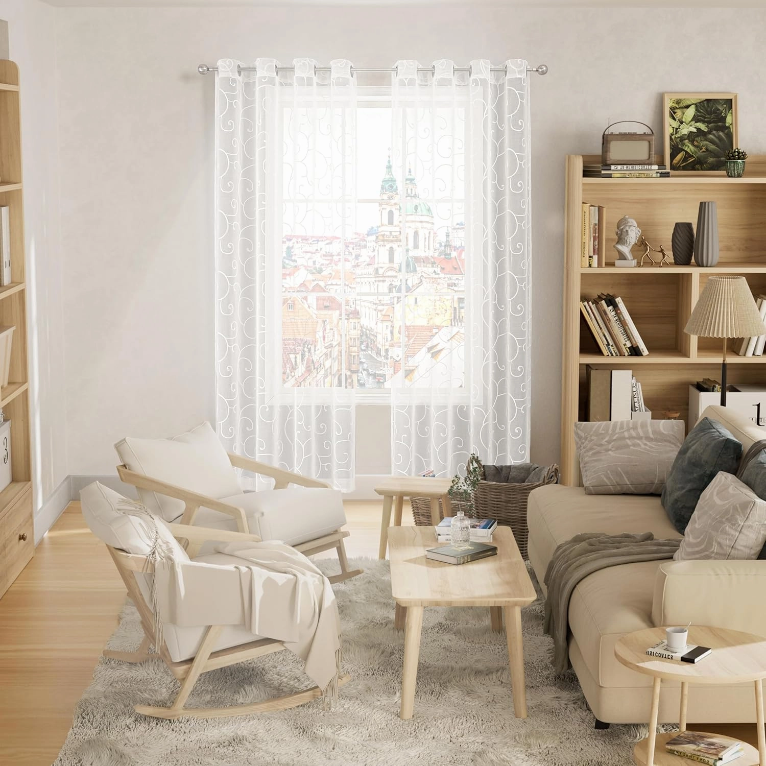 BGment White Sheer Curtains 84 inches Long for Living Room 2 Panels, Embroidered Vine Pattern Light Filtering Linen Textured Grommet Window Semi Sheer Voile Drapes, Each Panel 52 x 84 Inch