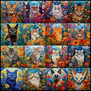 Bgraamiens Cats Mosaic Art Puzzle - 1000 Pieces, Stained Glass Art with Cats and Flowers, Color Challenge for Adults