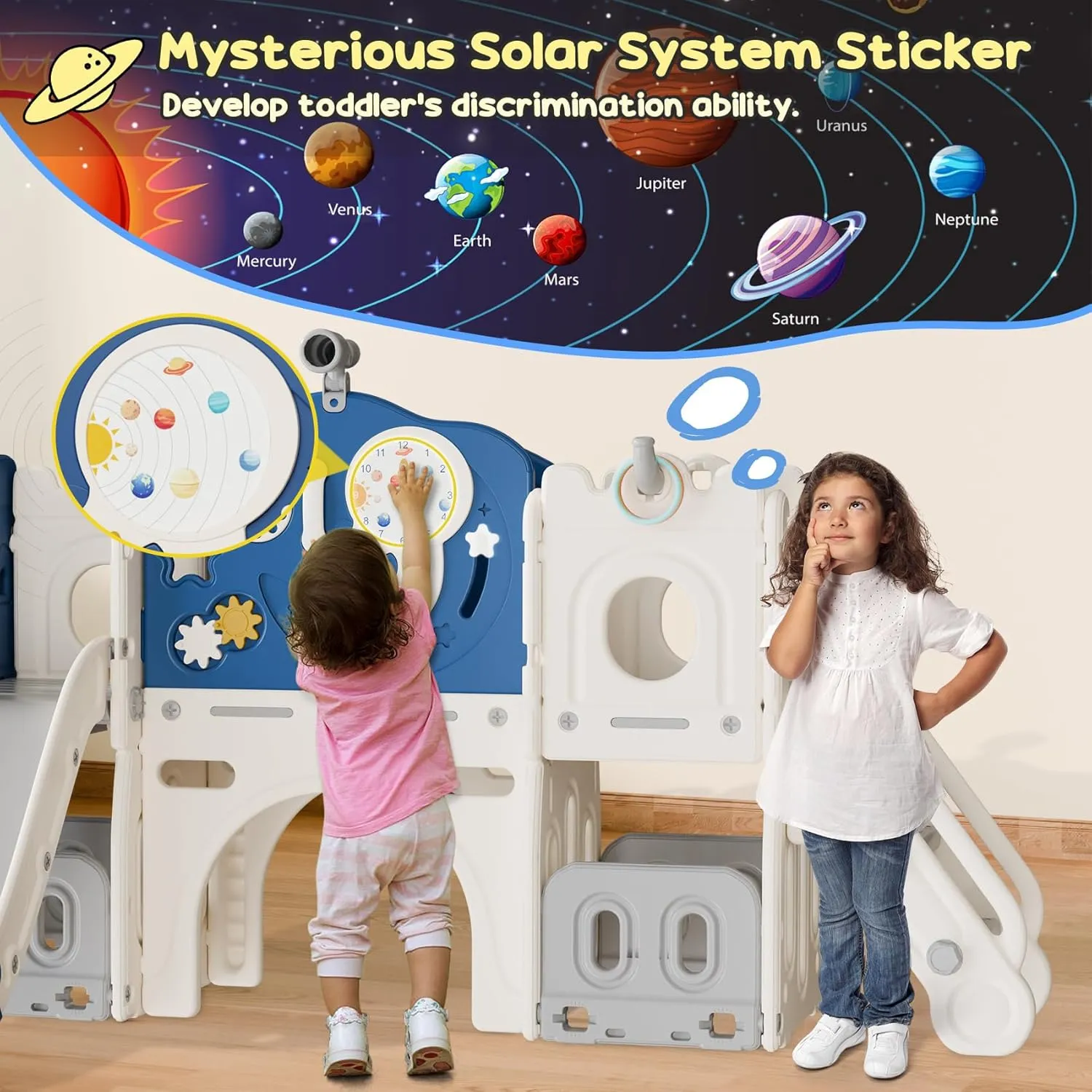BIERUM 12 in 1 Toddler Slide, Astronaut Themed Baby Slide for Toddlers Aged 1-3, with Astronaut, Moon, Cloud, Star, Phone Call Design, Basketball Hoop and Ring Toss, Toddler Playset Blue Gray Combo
