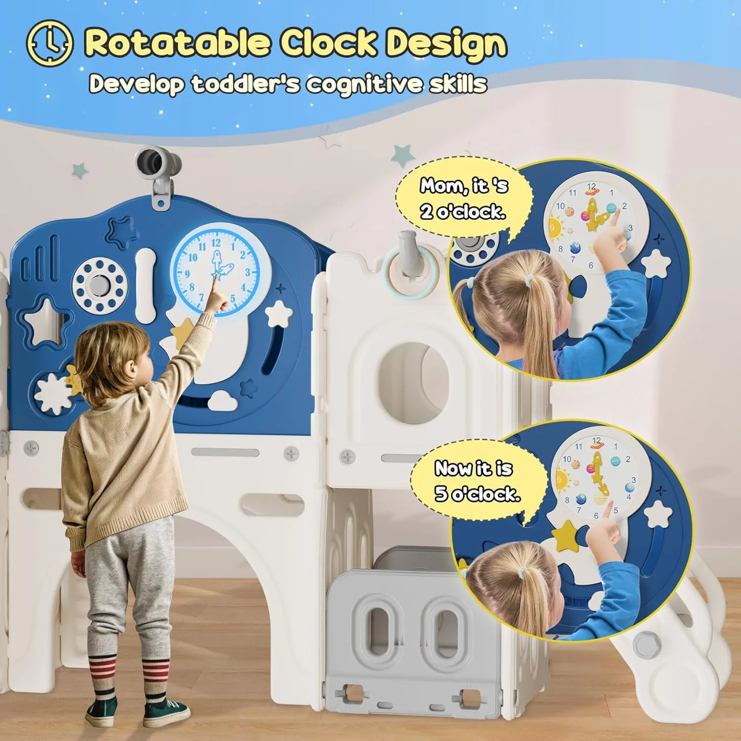 BIERUM 12 in 1 Toddler Slide, Astronaut Themed Baby Slide for Toddlers Aged 1-3, with Astronaut, Moon, Cloud, Star, Phone Call Design, Basketball Hoop and Ring Toss, Toddler Playset Blue Gray Combo