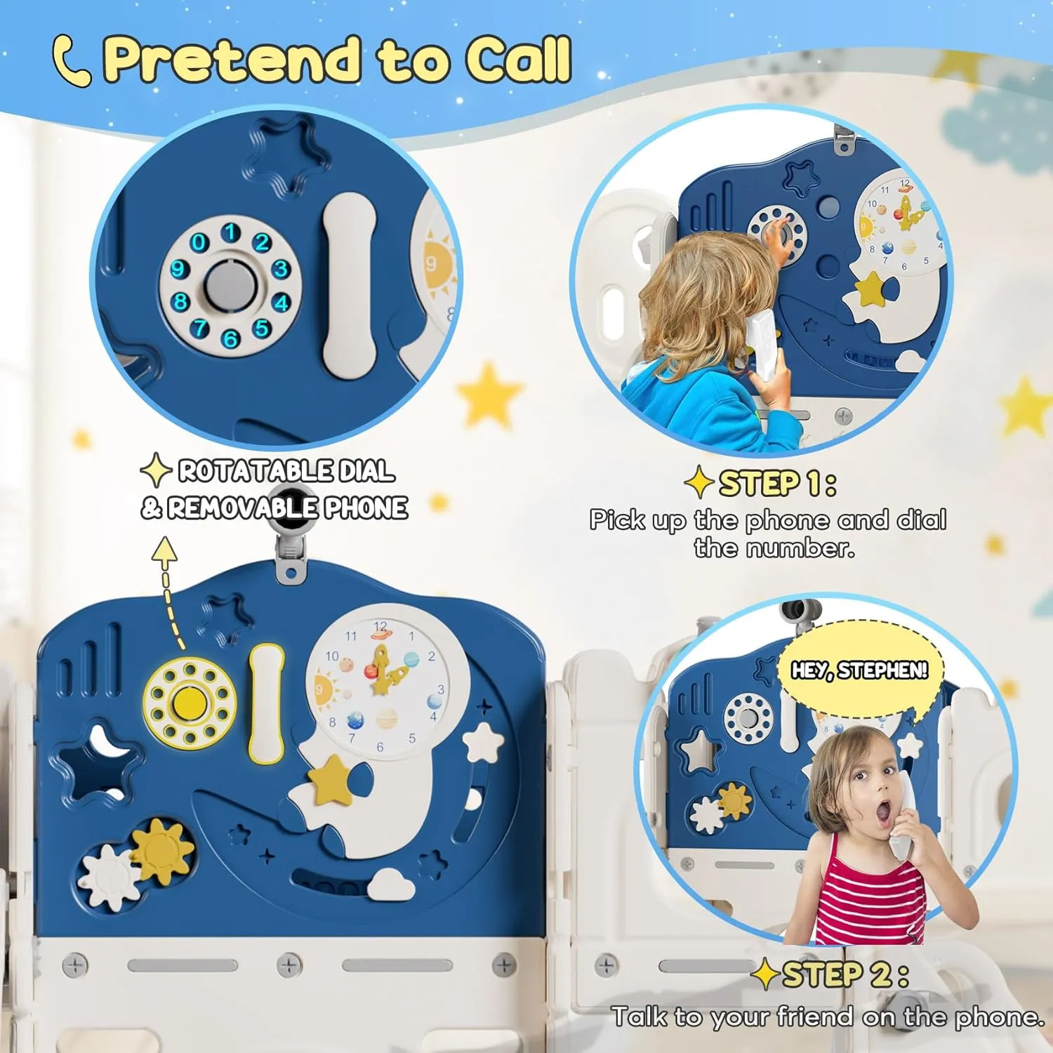 BIERUM 12 in 1 Toddler Slide, Astronaut Themed Baby Slide for Toddlers Aged 1-3, with Astronaut, Moon, Cloud, Star, Phone Call Design, Basketball Hoop and Ring Toss, Toddler Playset Blue Gray Combo