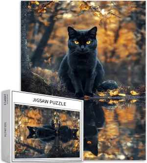 Black cat Sitting by The Lake 1000 Piece Jigsaw Puzzles for Adults Autumn Forest Background Art Puzzle Challenging Family Activity Games Colorful DIY Craft Puzzle for Home Decor Gifts 50×70cm