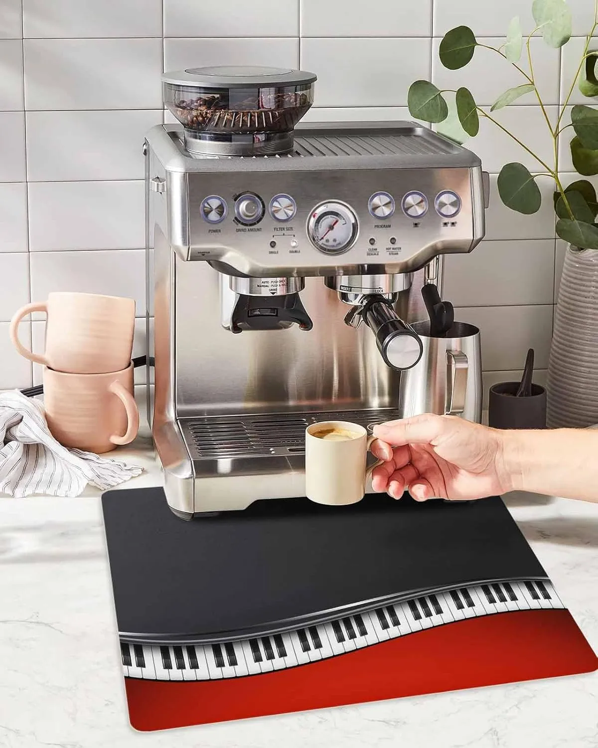 Black Piano Keys Coffee Mat For Countertop Coffee Bar Accessories,Absorbent Quick Dry Dish Drying Mat Hide Stain Non-Slip Pad For Kitchen Coffee Maker,Red Music Musical Notes White Instrument 16"x18"