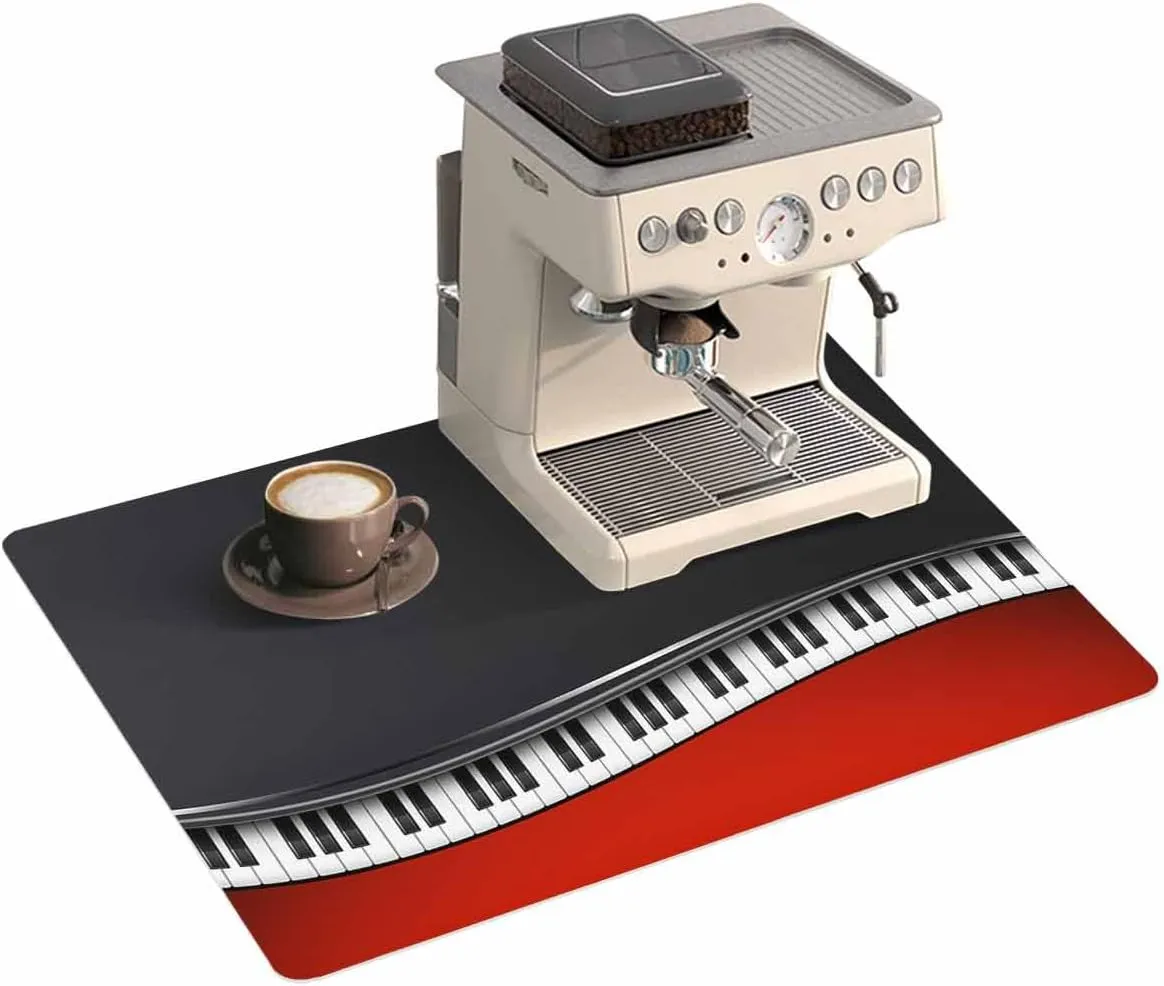 Black Piano Keys Coffee Mat For Countertop Coffee Bar Accessories,Absorbent Quick Dry Dish Drying Mat Hide Stain Non-Slip Pad For Kitchen Coffee Maker,Red Music Musical Notes White Instrument 16"x18"