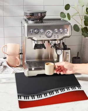 Black Piano Keys Coffee Mat For Countertop Coffee Bar Accessories,Absorbent Quick Dry Dish Drying Mat Hide Stain Non-Slip Pad For Kitchen Coffee Maker,Red Music Musical Notes White Instrument 16"x18"