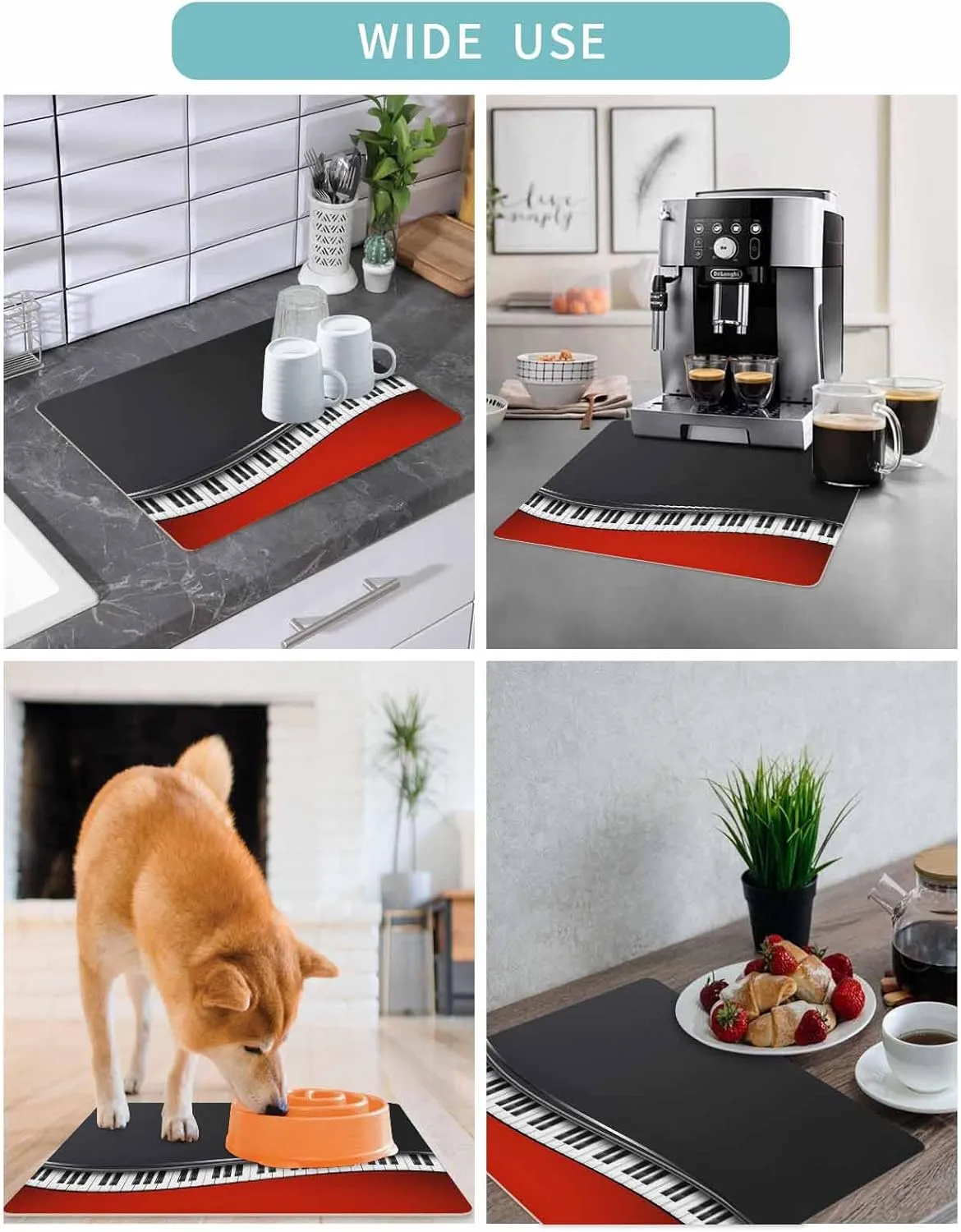 Black Piano Keys Coffee Mat For Countertop Coffee Bar Accessories,Absorbent Quick Dry Dish Drying Mat Hide Stain Non-Slip Pad For Kitchen Coffee Maker,Red Music Musical Notes White Instrument 16"x18"