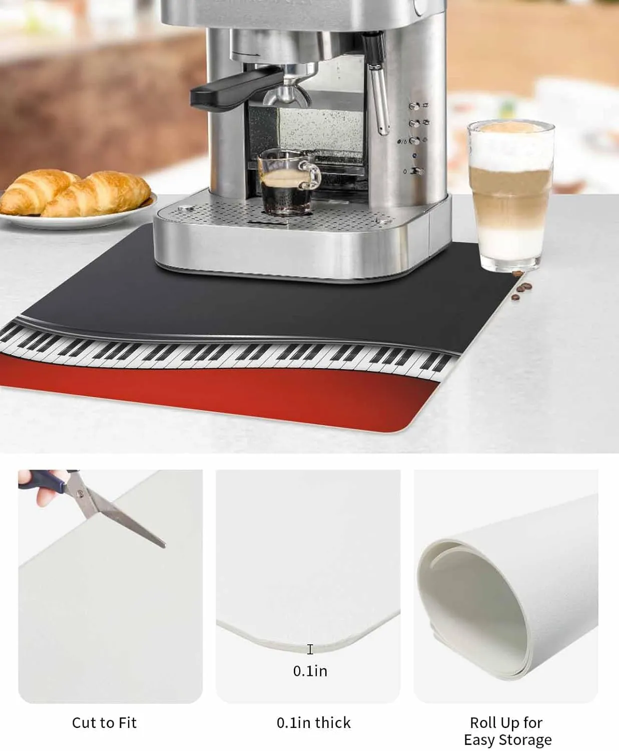 Black Piano Keys Coffee Mat For Countertop Coffee Bar Accessories,Absorbent Quick Dry Dish Drying Mat Hide Stain Non-Slip Pad For Kitchen Coffee Maker,Red Music Musical Notes White Instrument 16"x18"