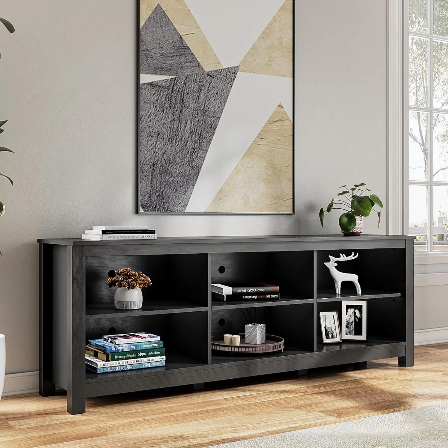 Black TV Stand for TVs up to 70 Inch,Entertainment Center for 65  inch TV Console Table with 6 Storage Cubby, Classic Television Stands for Living Room Bedroom, 65 Inch