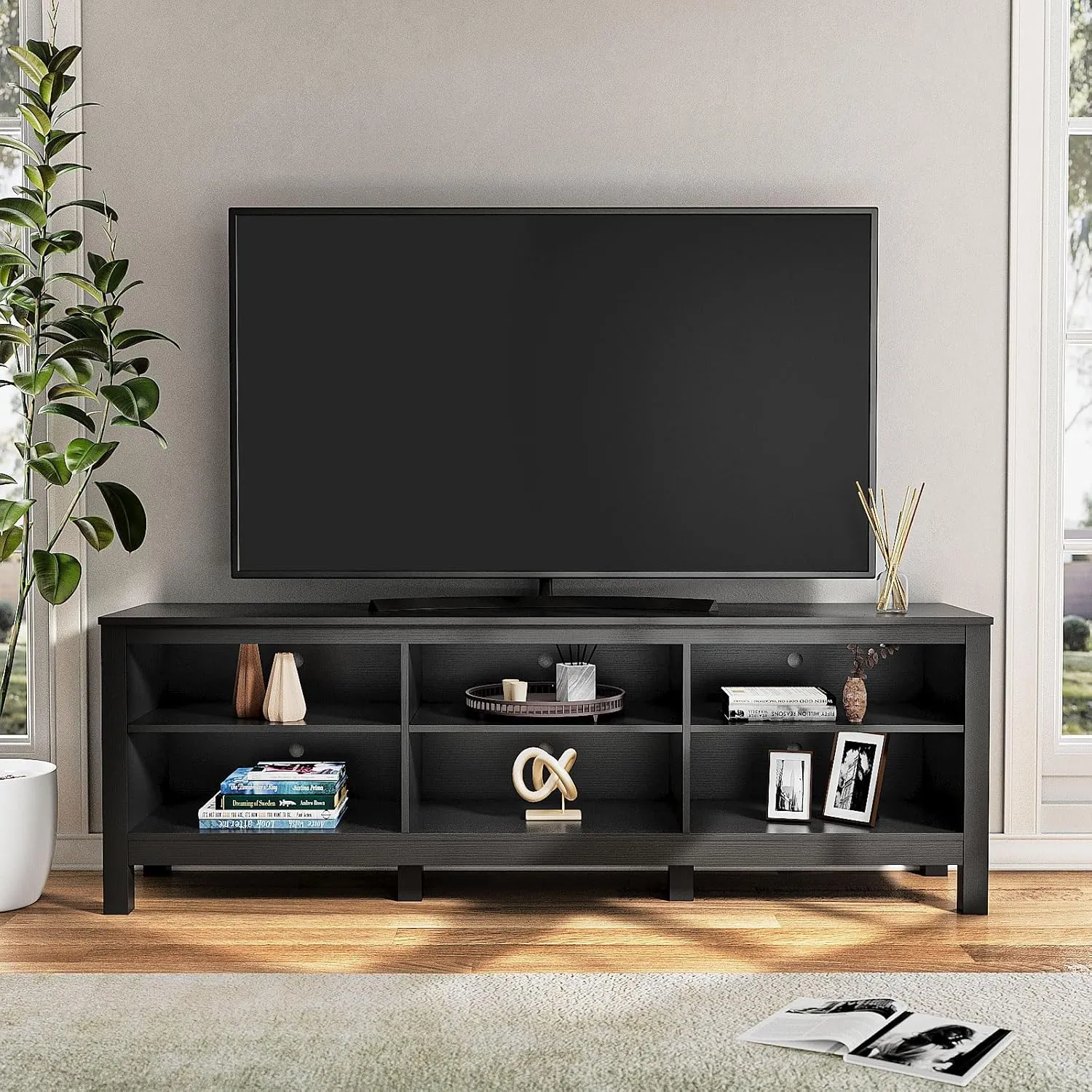 Black TV Stand for TVs up to 70 Inch,Entertainment Center for 65  inch TV Console Table with 6 Storage Cubby, Classic Television Stands for Living Room Bedroom, 65 Inch
