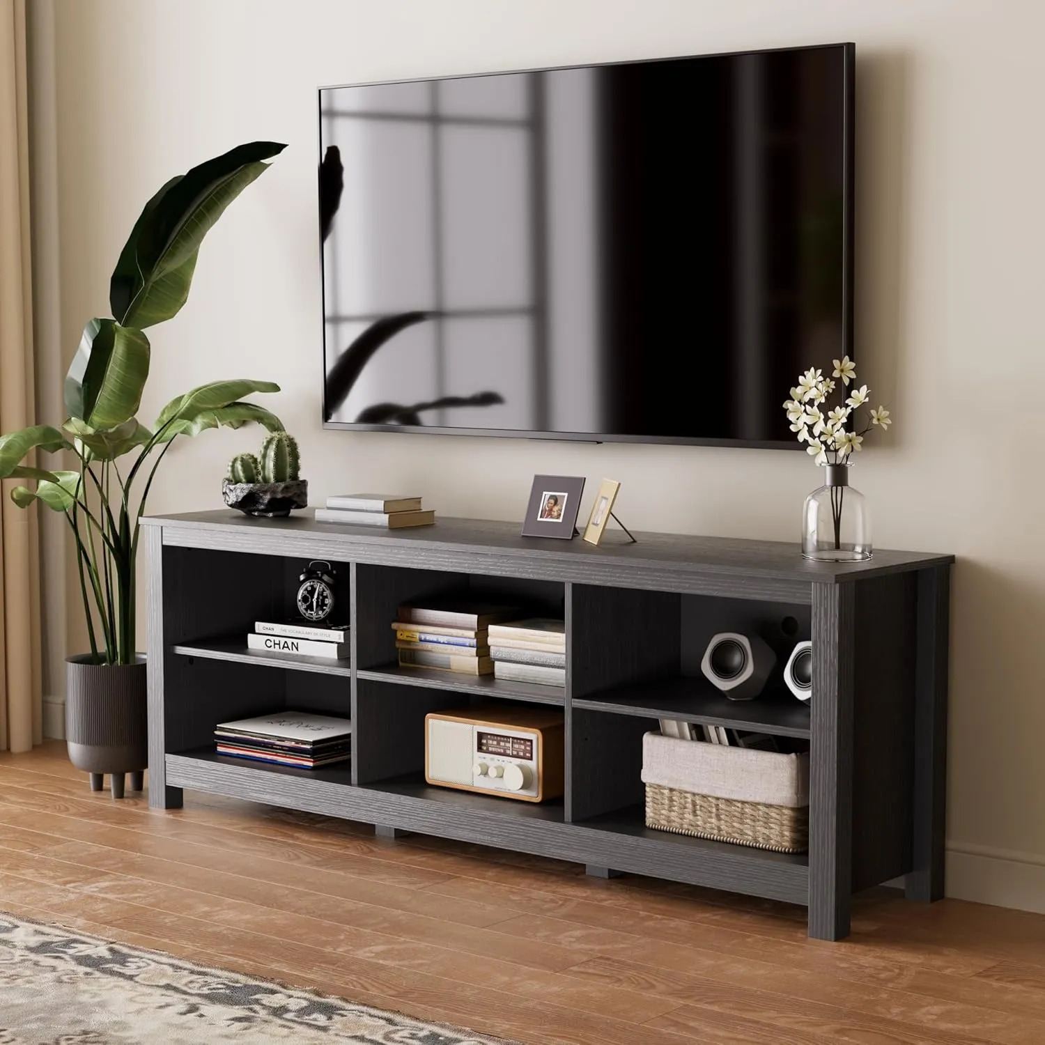 Black TV Stand for TVs up to 70 Inch,Entertainment Center for 65  inch TV Console Table with 6 Storage Cubby, Classic Television Stands for Living Room Bedroom, 65 Inch