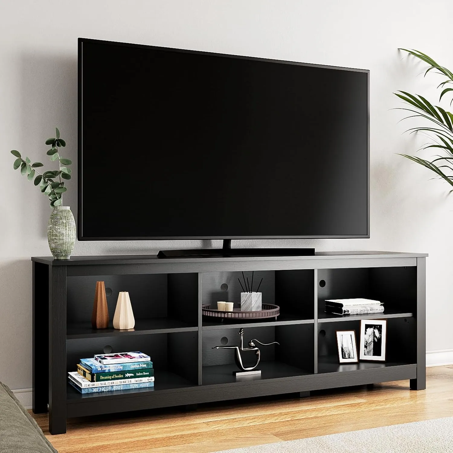 Black TV Stand for TVs up to 70 Inch,Entertainment Center for 65  inch TV Console Table with 6 Storage Cubby, Classic Television Stands for Living Room Bedroom, 65 Inch