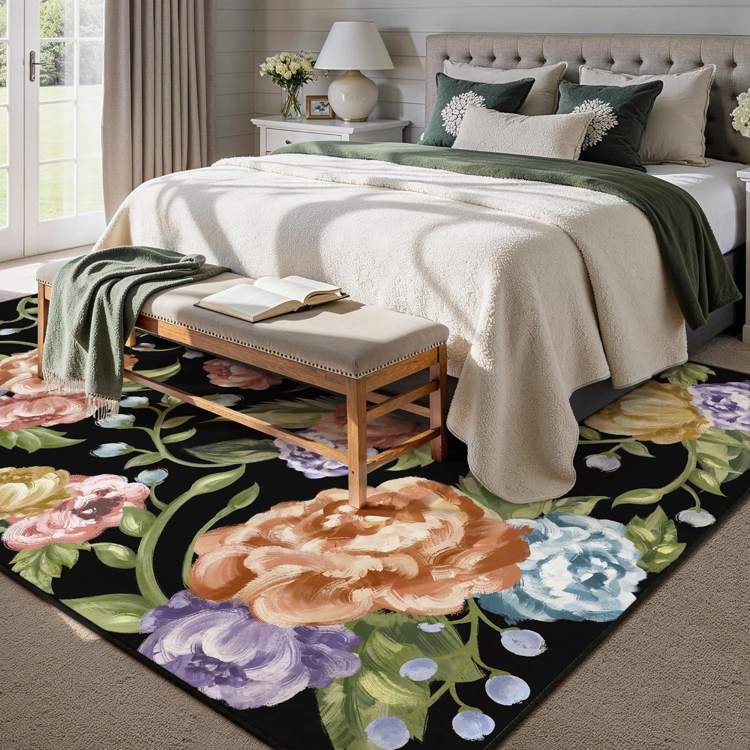 Black Area Rug 6x9 Floral Living Room Indoor Non Slip Bedroom Large Boho Carpet Washable Low Pile Soft Accent Rug for Office Dining Room Farmhouse