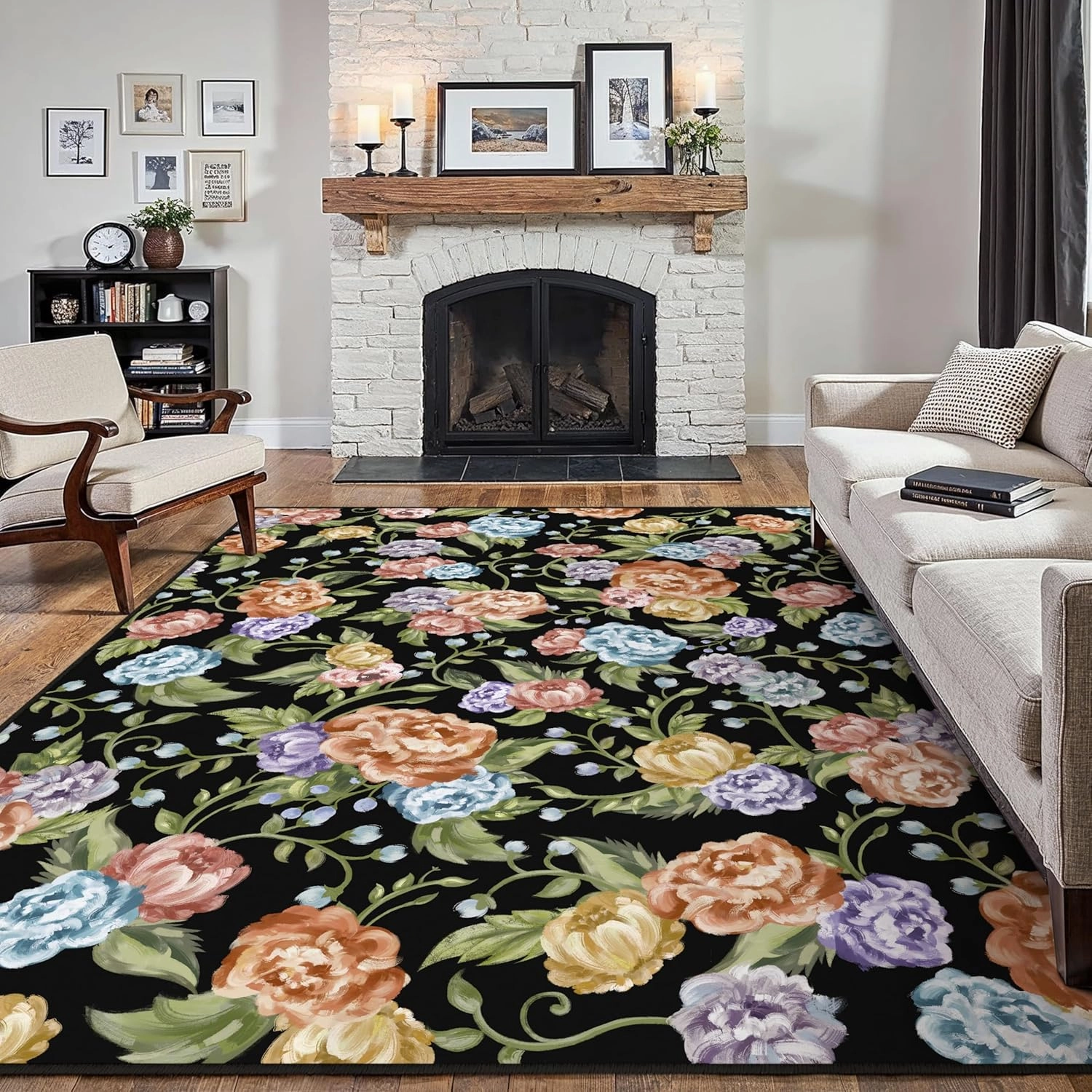Black Area Rug 6x9 Floral Living Room Indoor Non Slip Bedroom Large Boho Carpet Washable Low Pile Soft Accent Rug for Office Dining Room Farmhouse