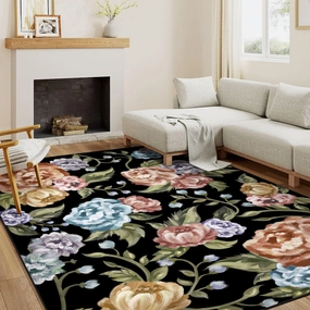 Black Area Rug 6x9 Floral Living Room Indoor Non Slip Bedroom Large Boho Carpet Washable Low Pile Soft Accent Rug for Office Dining Room Farmhouse
