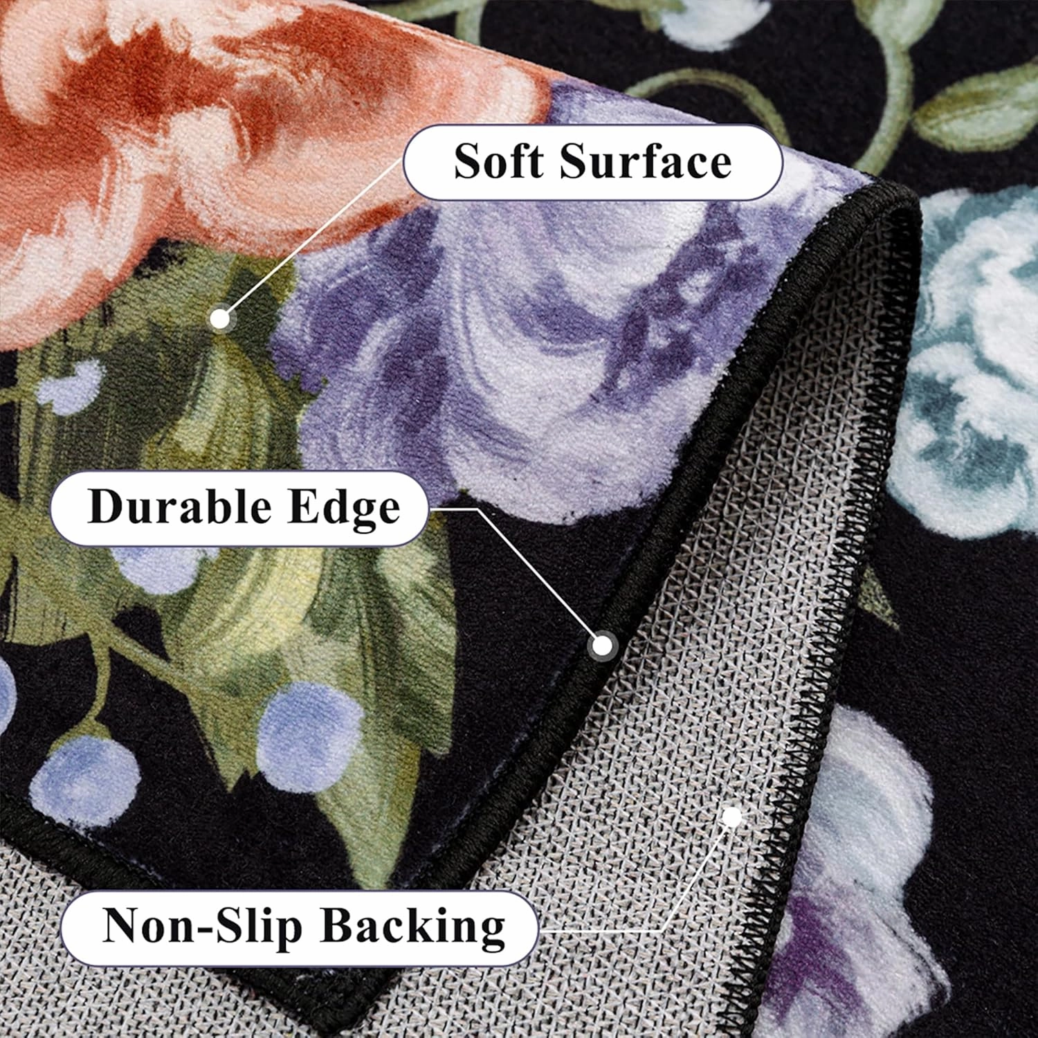Black Area Rug 6x9 Floral Living Room Indoor Non Slip Bedroom Large Boho Carpet Washable Low Pile Soft Accent Rug for Office Dining Room Farmhouse