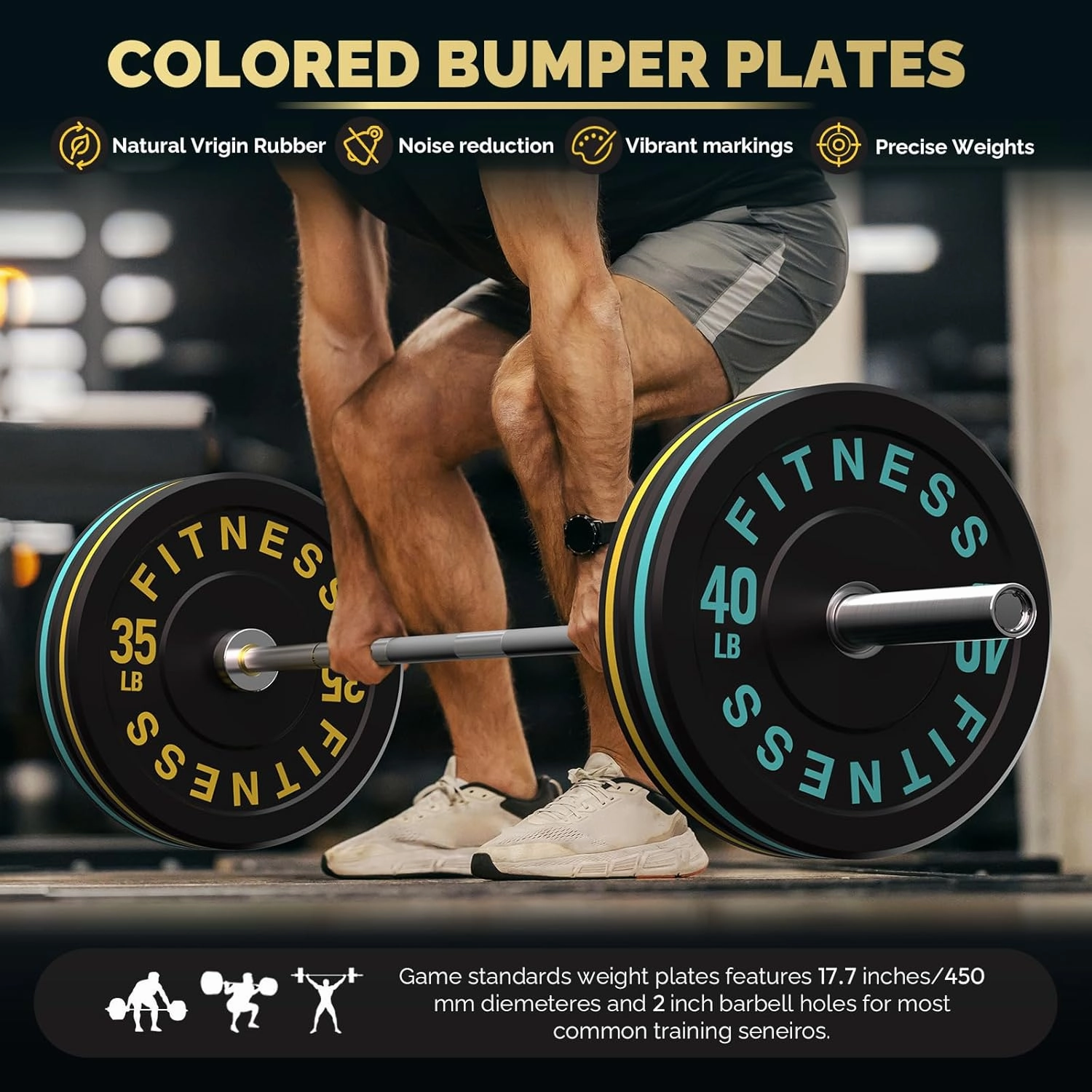 Black Bumper Plates Pro Rubber Weight Plates with Colored Rim, Low Bounce Strength Training Plate for Home & Gym, 2 Inch Olympic Standards Weight Set (10-550 lbs), Vibrant Barbell Weight Plates for Weight Lifting
