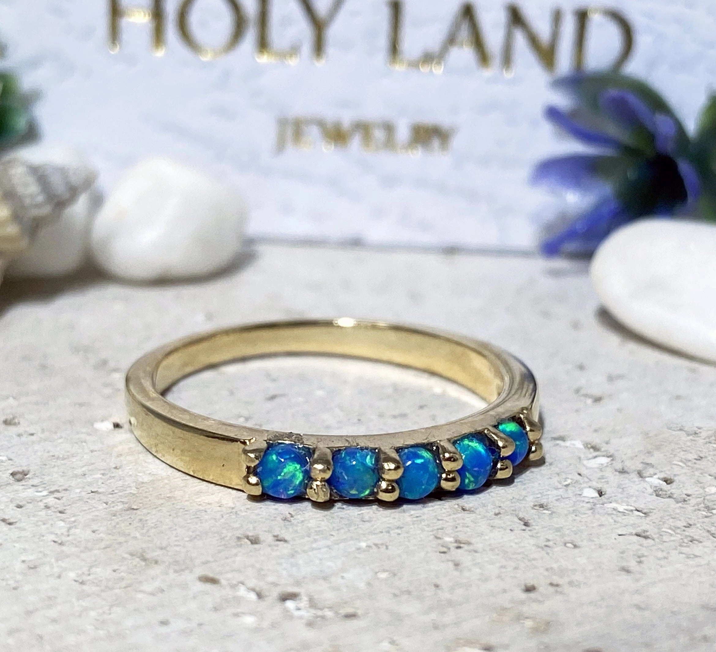 Blue Opal Five Stone Simple Stackable Ring