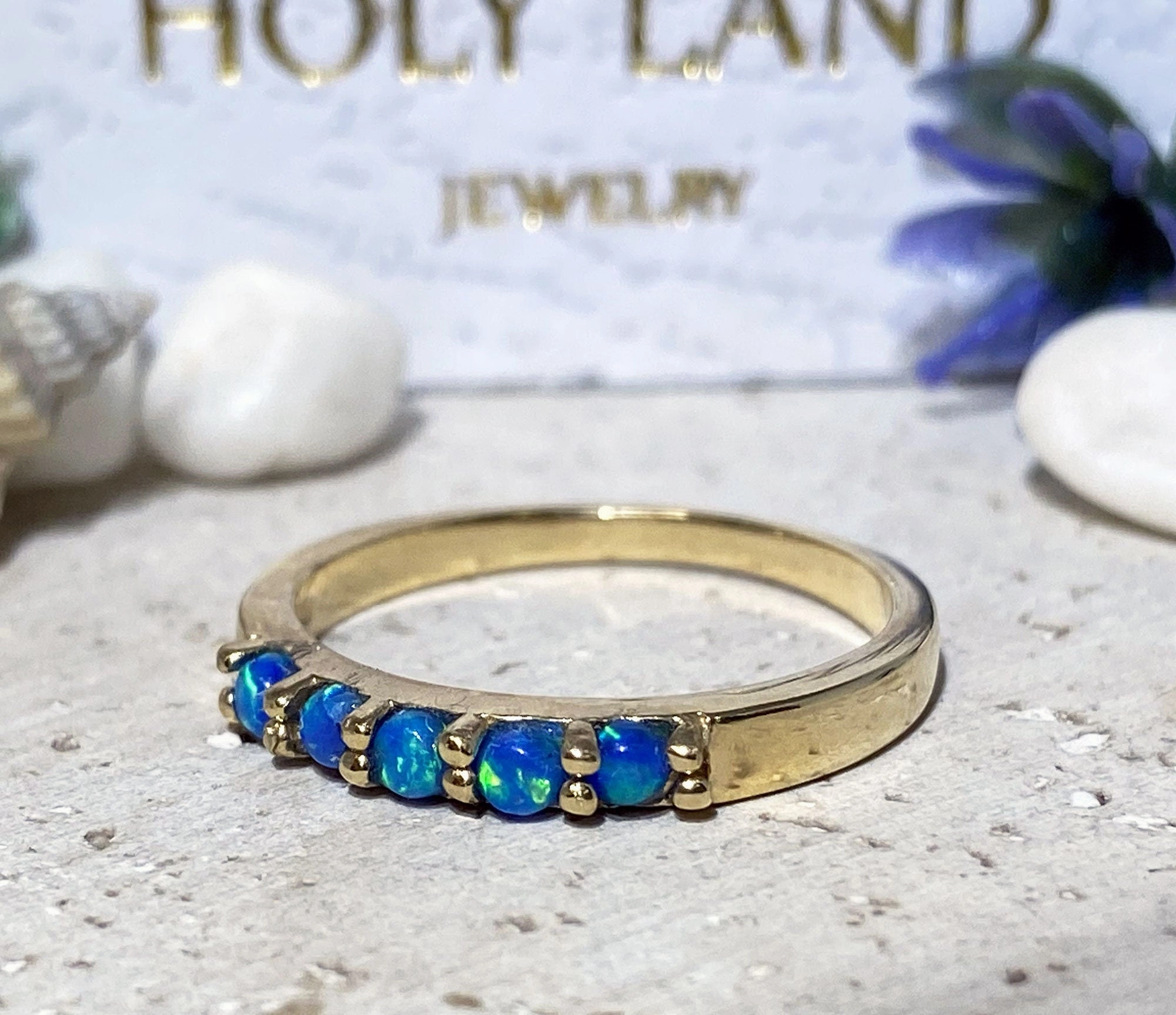 Blue Opal Five Stone Simple Stackable Ring