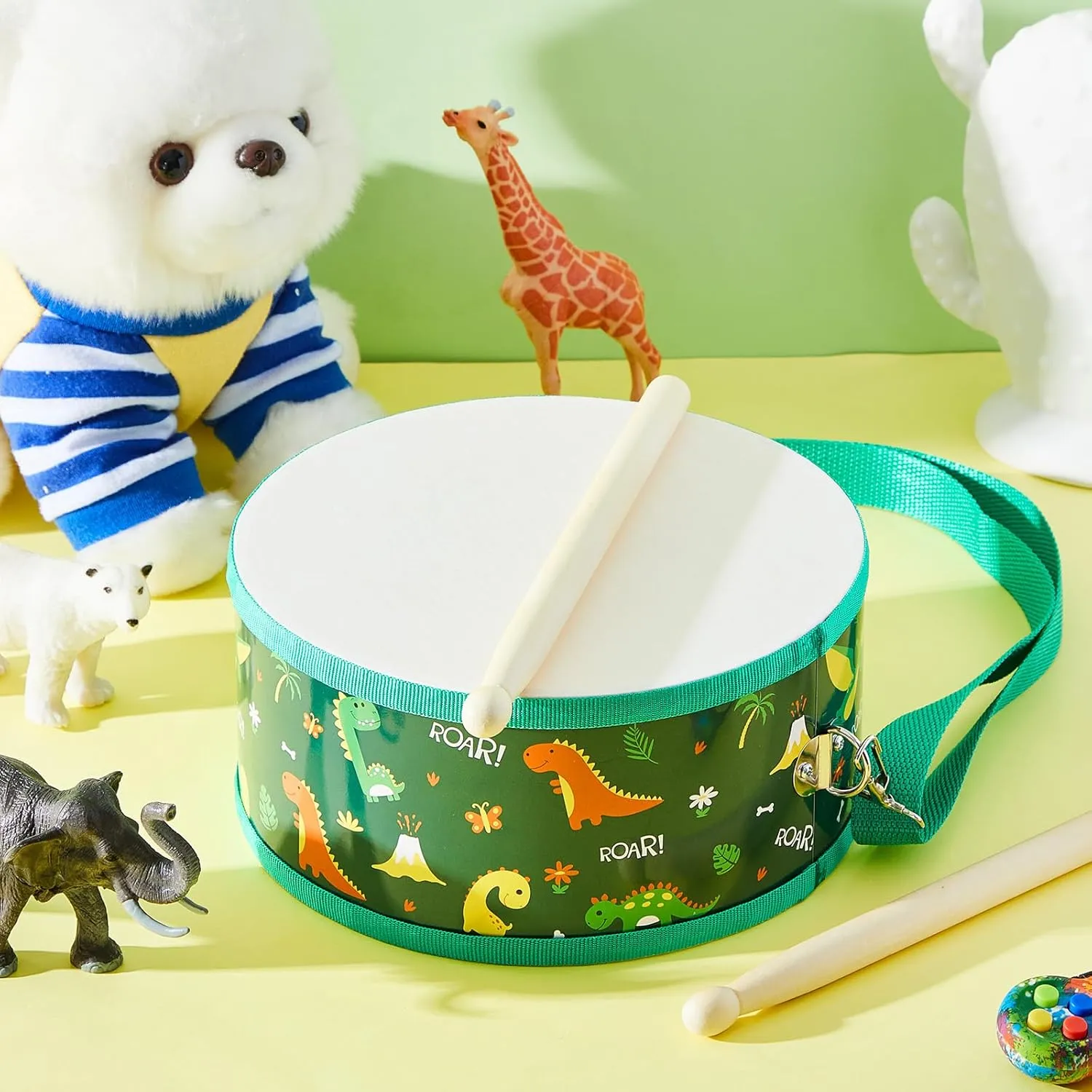 Boao Kids Drum Set for Toddler Over Age 6 Year Wooden Drum 8'' W x 3.7'' H Toys with Adjustable Strap and 2 Drumsticks Educational Kids' Musical Sensory Instruments for Birthday Gift(Green,Dinosaur)