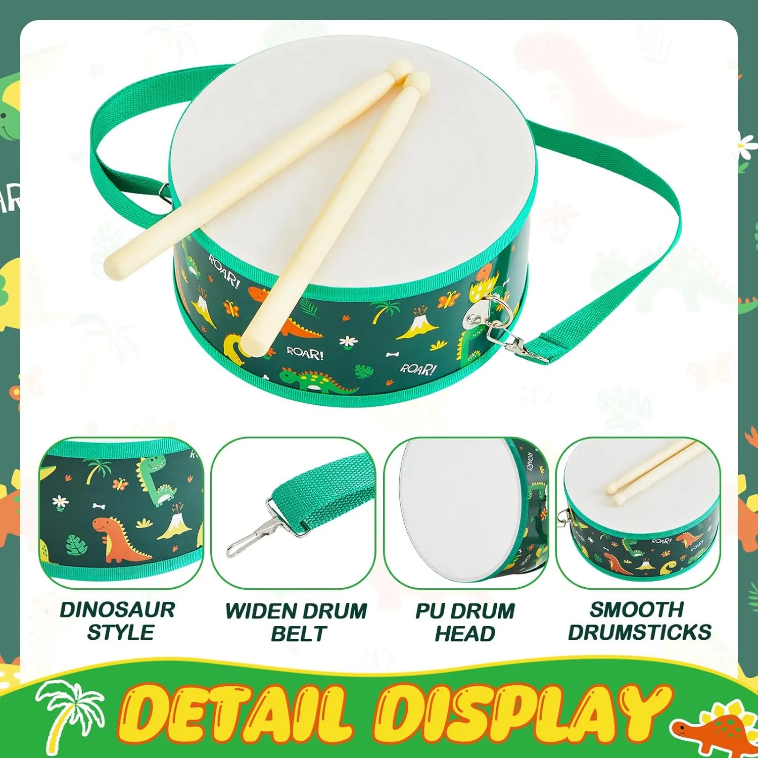 Boao Kids Drum Set for Toddler Over Age 6 Year Wooden Drum 8'' W x 3.7'' H Toys with Adjustable Strap and 2 Drumsticks Educational Kids' Musical Sensory Instruments for Birthday Gift(Green,Dinosaur)