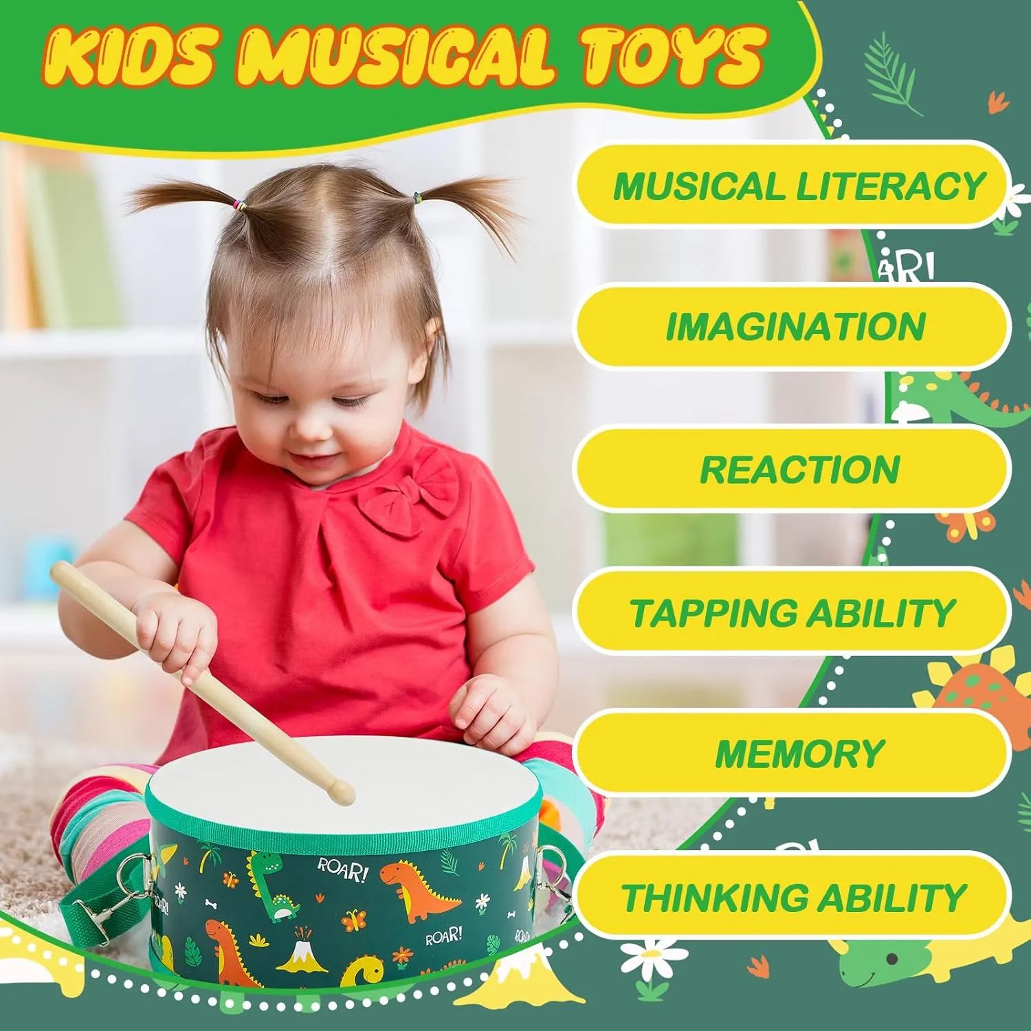 Boao Kids Drum Set for Toddler Over Age 6 Year Wooden Drum 8'' W x 3.7'' H Toys with Adjustable Strap and 2 Drumsticks Educational Kids' Musical Sensory Instruments for Birthday Gift(Green,Dinosaur)