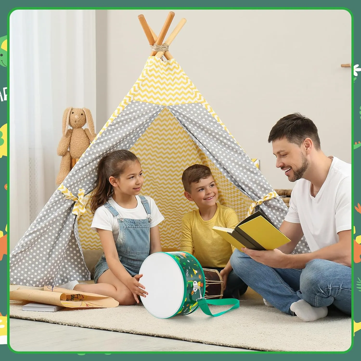 Boao Kids Drum Set for Toddler Over Age 6 Year Wooden Drum 8'' W x 3.7'' H Toys with Adjustable Strap and 2 Drumsticks Educational Kids' Musical Sensory Instruments for Birthday Gift(Green,Dinosaur)