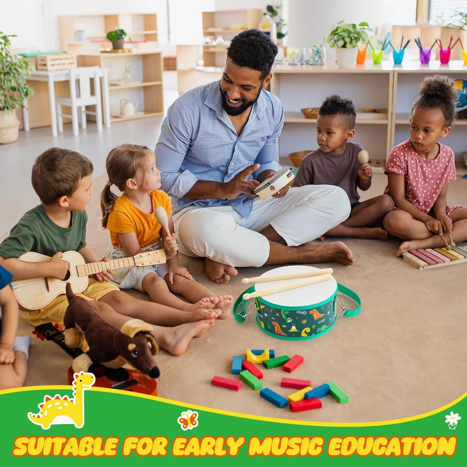 Boao Kids Drum Set for Toddler Over Age 6 Year Wooden Drum 8'' W x 3.7'' H Toys with Adjustable Strap and 2 Drumsticks Educational Kids' Musical Sensory Instruments for Birthday Gift(Green,Dinosaur)