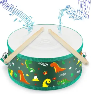 Boao Kids Drum Set for Toddler Over Age 6 Year Wooden Drum 8'' W x 3.7'' H Toys with Adjustable Strap and 2 Drumsticks Educational Kids' Musical Sensory Instruments for Birthday Gift(Green,Dinosaur)