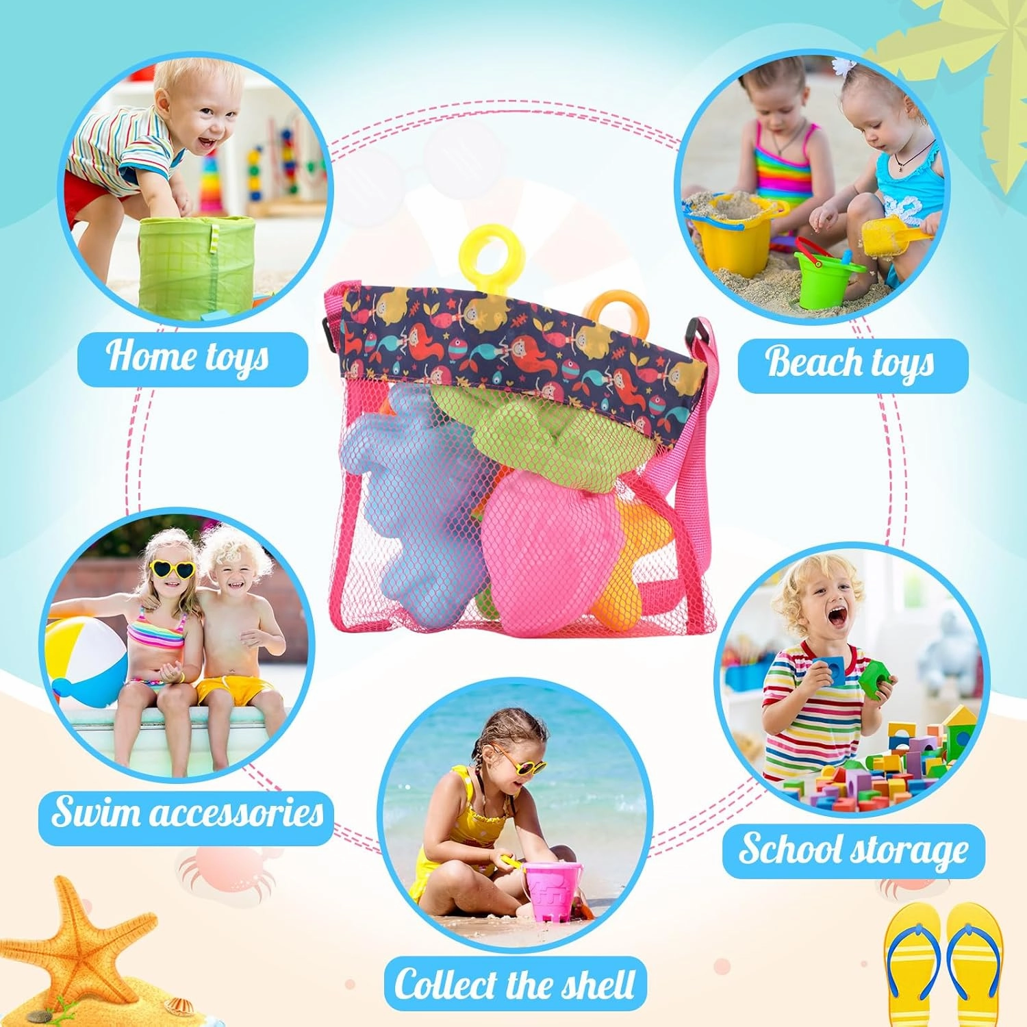 Boao 20 Packs Mesh Beach Bag Sand Toy 9.5 x 9 Inch Seashell Collecting Bag Outdoor Swimming Beach Accessories Gift for Boys and Girls (Bright,Cartoon Pattern)