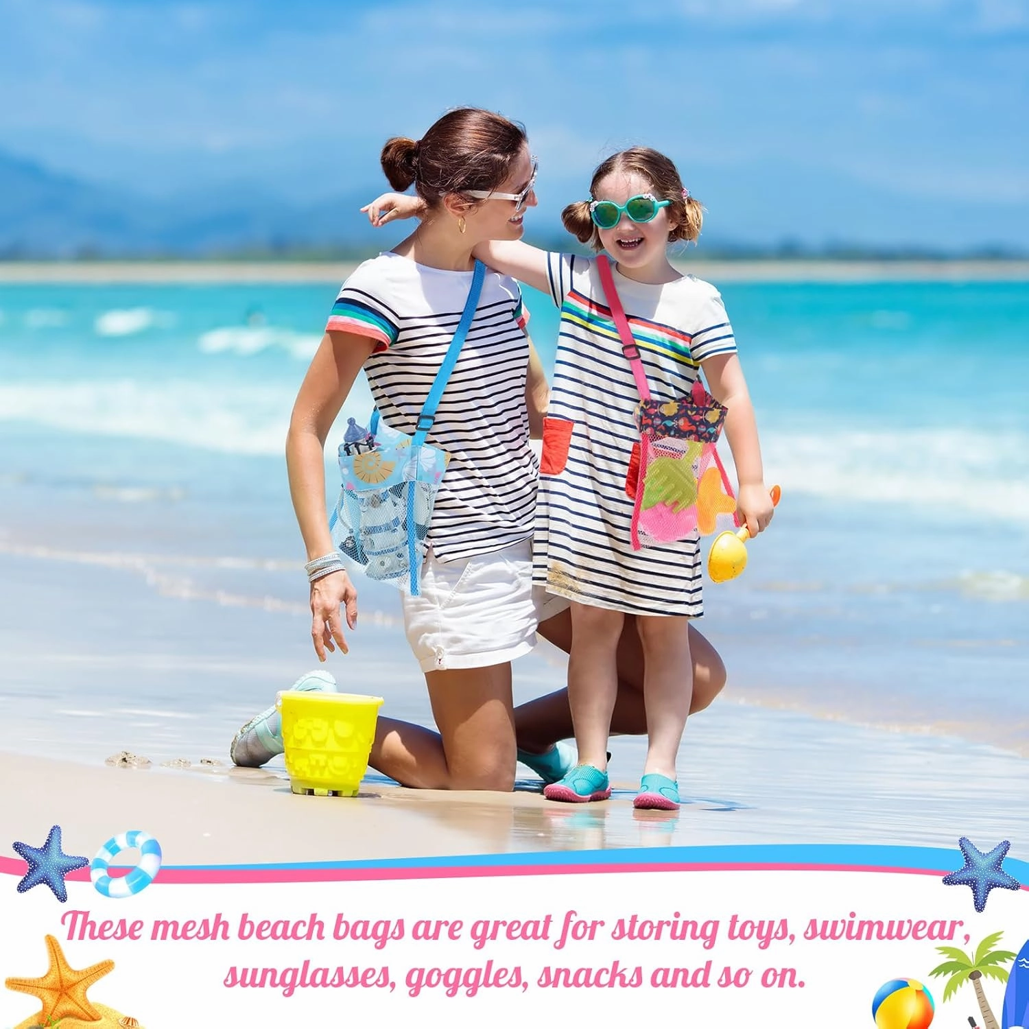 Boao 20 Packs Mesh Beach Bag Sand Toy 9.5 x 9 Inch Seashell Collecting Bag Outdoor Swimming Beach Accessories Gift for Boys and Girls (Bright,Cartoon Pattern)