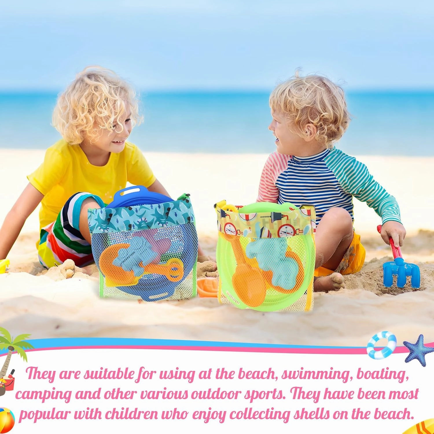 Boao 20 Packs Mesh Beach Bag Sand Toy 9.5 x 9 Inch Seashell Collecting Bag Outdoor Swimming Beach Accessories Gift for Boys and Girls (Bright,Cartoon Pattern)