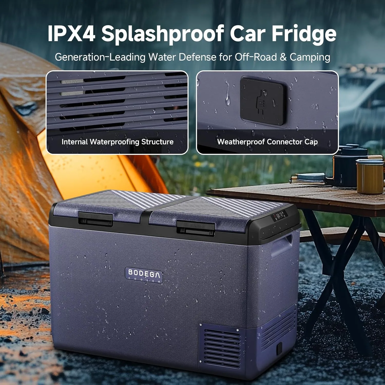 BODEGACOOLER 12 Volt Refrigerator, 100QT(95L) IPX4 Waterproof Electric Cooler, Car Fridge Dual Zone APP Control with 12/24V DC 110-240V AC, -4℉~68℉, Portable Freezer for Camping,Travel,RV,Road Trips
