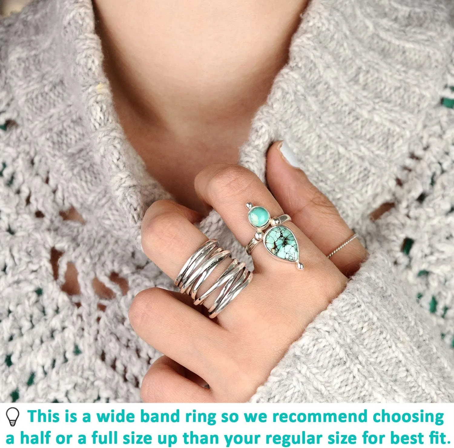 Boho-Magic 925 Sterling Silver Band Rings for Women Wrap Wide Statement Ring