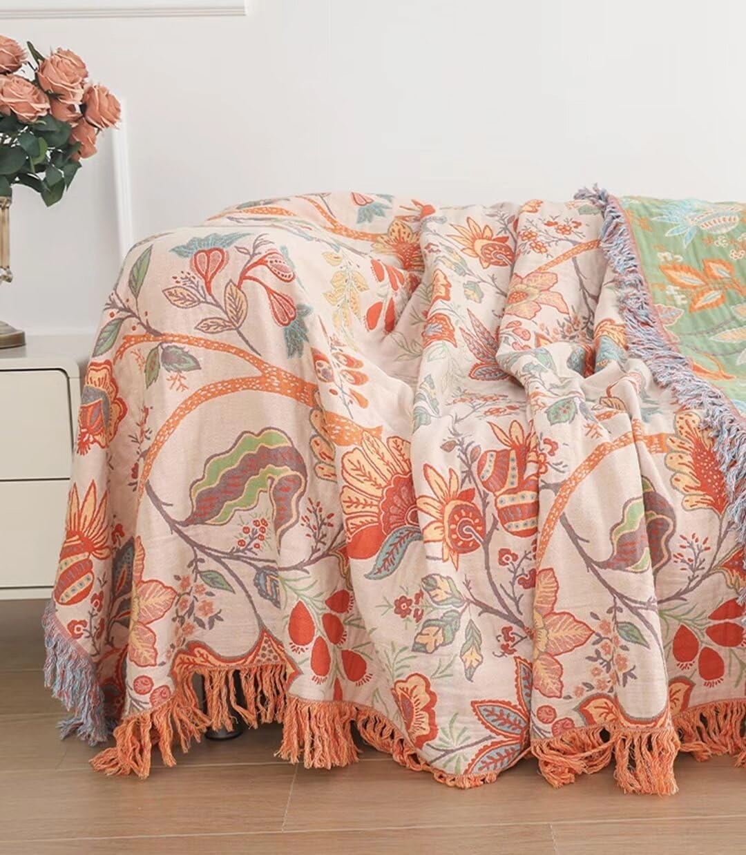 Boho Throw Blankets for Bed Couch, 100% Soft Cozy Cotton Blanket Rustic Quilt 60"x80",Lightweight Reversible Muslin Farmhouse Decor Blankets for Armchair,Picnic,Sofa,Couch