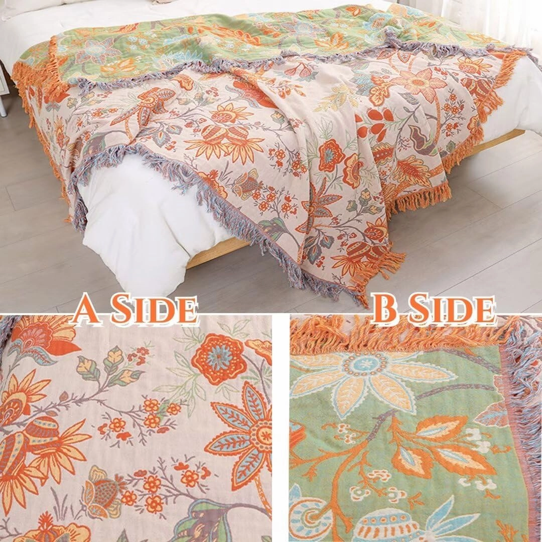 Boho Throw Blankets for Bed Couch, 100% Soft Cozy Cotton Blanket Rustic Quilt 60"x80",Lightweight Reversible Muslin Farmhouse Decor Blankets for Armchair,Picnic,Sofa,Couch