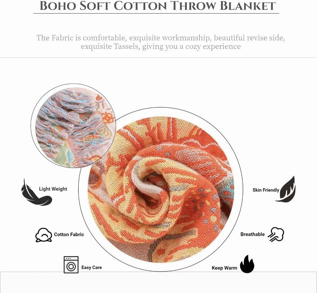 Boho Throw Blankets for Bed Couch, 100% Soft Cozy Cotton Blanket Rustic Quilt 60"x80",Lightweight Reversible Muslin Farmhouse Decor Blankets for Armchair,Picnic,Sofa,Couch