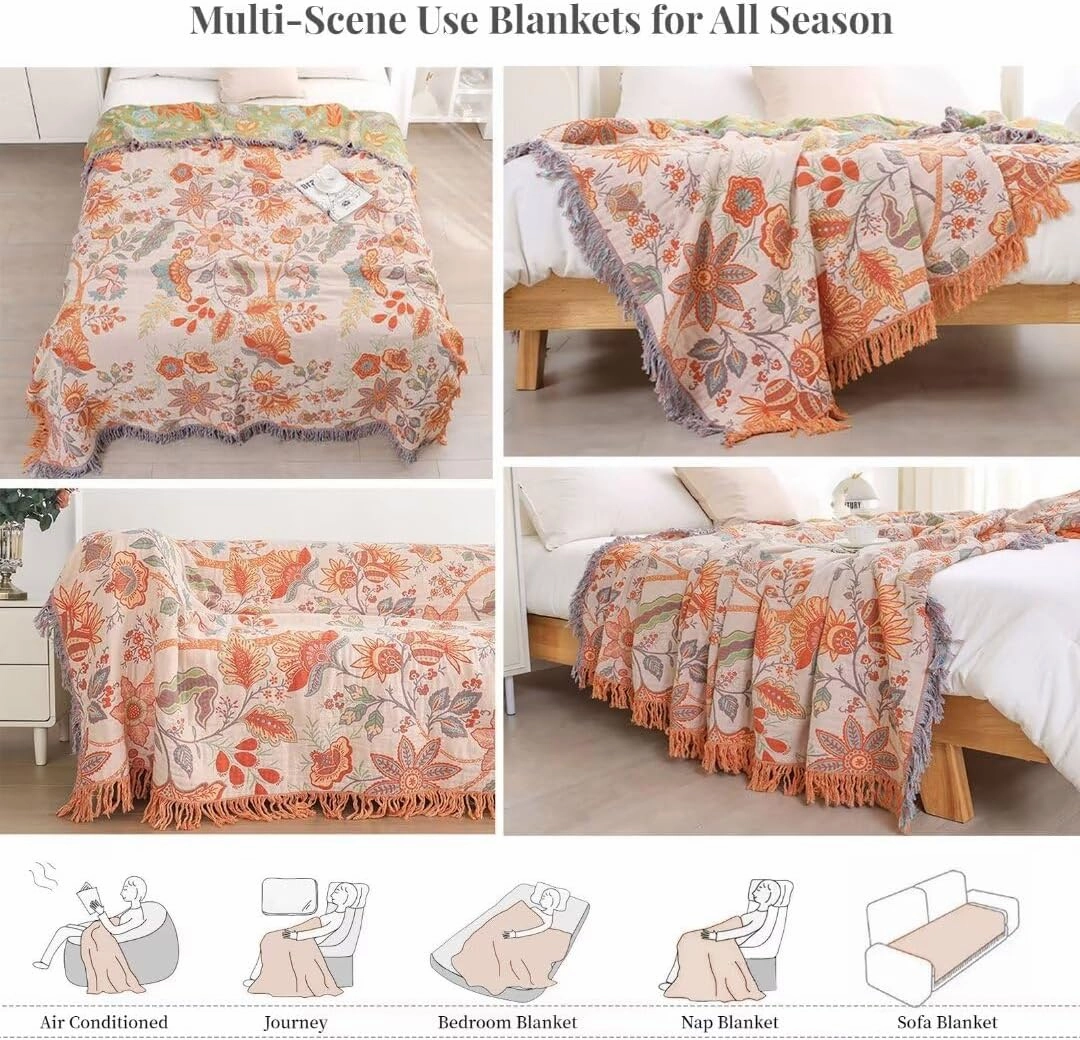 Boho Throw Blankets for Bed Couch, 100% Soft Cozy Cotton Blanket Rustic Quilt 60"x80",Lightweight Reversible Muslin Farmhouse Decor Blankets for Armchair,Picnic,Sofa,Couch