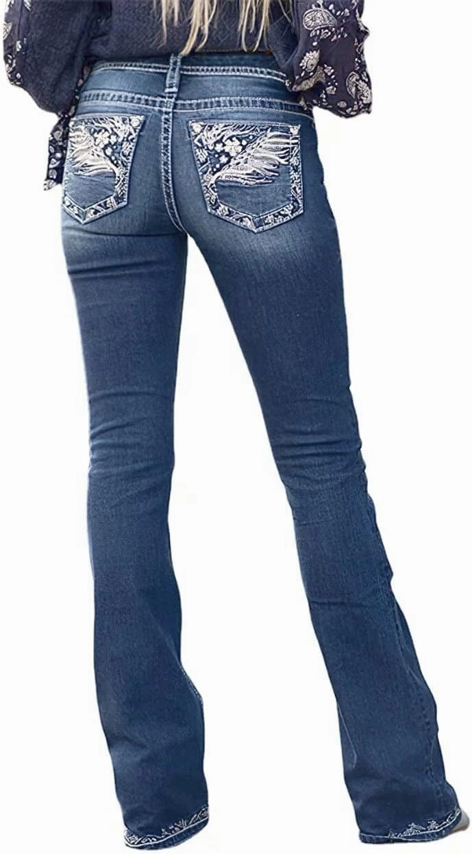 Bootcut Jeans for Women,Stretchy Feather Flower Embroidery Mid Rise Slim Straight Leg Pants Jeans