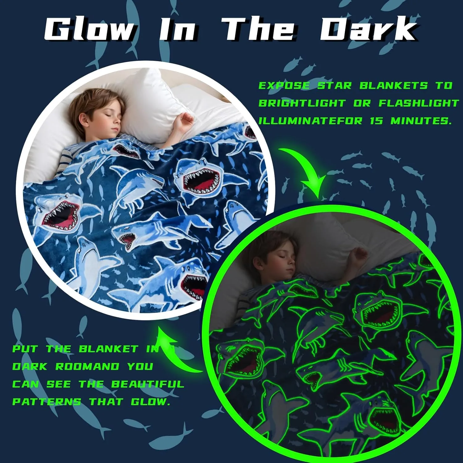 BORORO Glow in The Dark Shark Blanket - Cozy Shark Toys Birthday Gifts for Kids Boys 50x60 inch