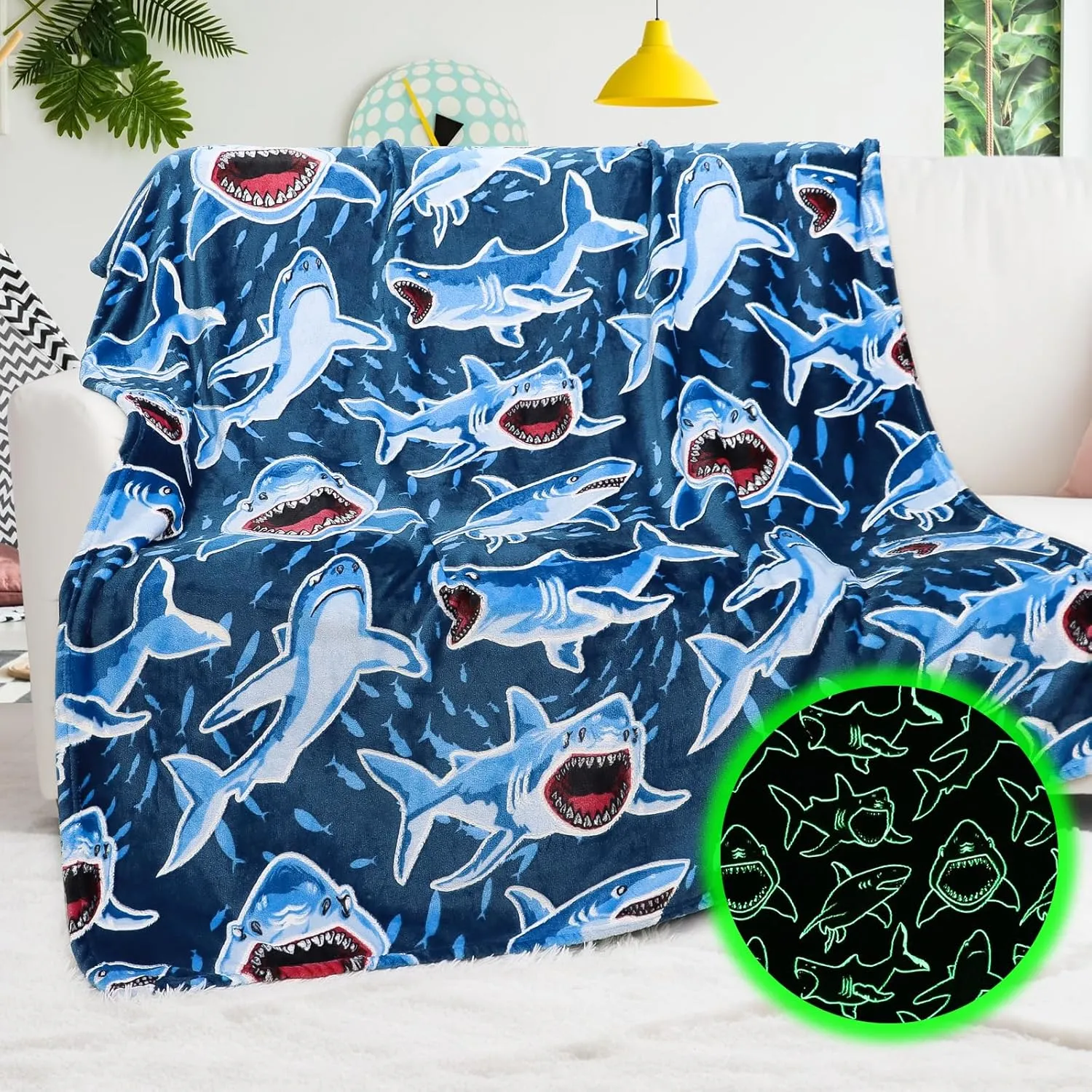 BORORO Glow in The Dark Shark Blanket - Cozy Shark Toys Birthday Gifts for Kids Boys 50x60 inch