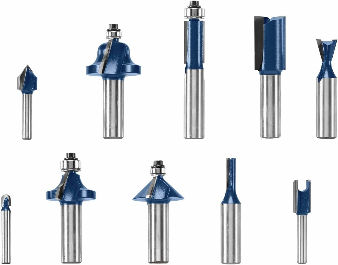 BOSCH RBS010 10-Piece 1/2 in. and 1/4 in. Shank Carbide-Tipped All-Purpose Professional Router Bits Assorted Set with Case for Applications in Straight, Trimming, Decorative Edging, Dovetail Joinery