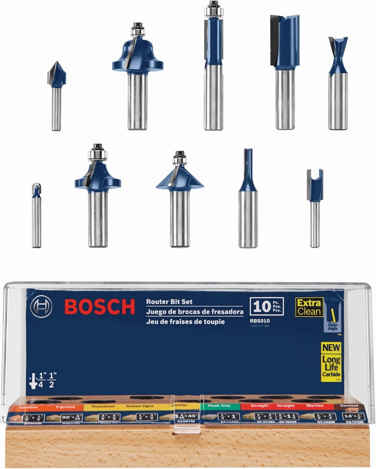 BOSCH RBS010 10-Piece 1/2 in. and 1/4 in. Shank Carbide-Tipped All-Purpose Professional Router Bits Assorted Set with Case for Applications in Straight, Trimming, Decorative Edging, Dovetail Joinery