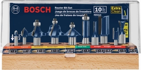 BOSCH RBS010 10-Piece 1/2 in. and 1/4 in. Shank Carbide-Tipped All-Purpose Professional Router Bits Assorted Set with Case for Applications in Straight, Trimming, Decorative Edging, Dovetail Joinery