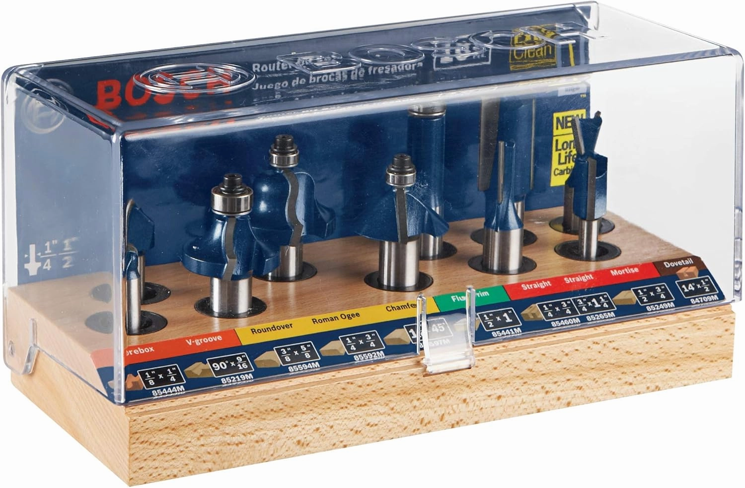 BOSCH RBS010 10-Piece 1/2 in. and 1/4 in. Shank Carbide-Tipped All-Purpose Professional Router Bits Assorted Set with Case for Applications in Straight, Trimming, Decorative Edging, Dovetail Joinery