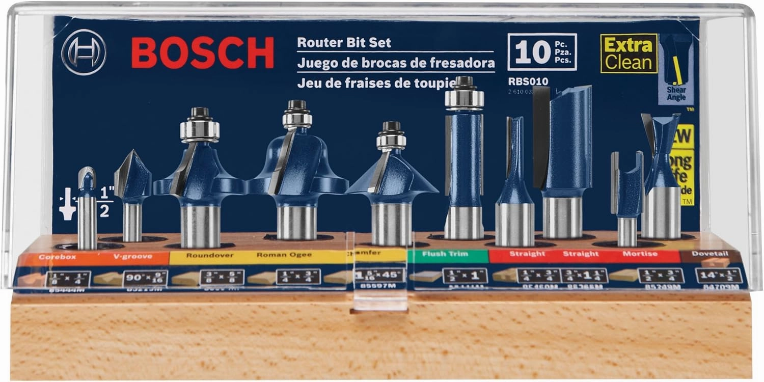 BOSCH RBS010 10-Piece 1/2 in. and 1/4 in. Shank Carbide-Tipped All-Purpose Professional Router Bits Assorted Set with Case for Applications in Straight, Trimming, Decorative Edging, Dovetail Joinery