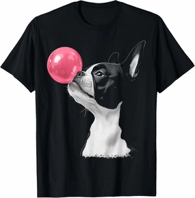 Boston Terrier Dog Blowing Chewing Bubble Gum Pink T-Shirt