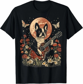 Boston Terrier Dog Playing Guitar Cute Cottagecore T-Shirt