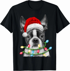 Boston Terrier Santa Christmas Tree Lights Xmas Boys Men Dog T-Shirt