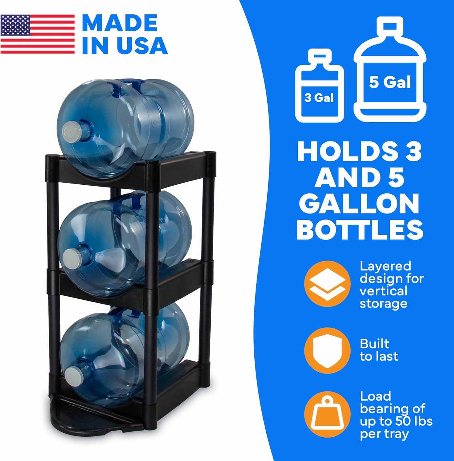 Bottle Buddy Cascada Pour & Store System Water Bottle System-3-Tier 5 Gallon Jug Storage Rack with Floor Protector & Dispenser Tray-Home & Office Organization-Durable Plastic, Easy To Assemble - Black
